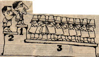 Una caricatura de Pancho Cajas, del periodico El Comercio, de 23 de mayo, en el que se denota como tercera fuerza politica al movimiento Pachakutik (figurado con indigenas).